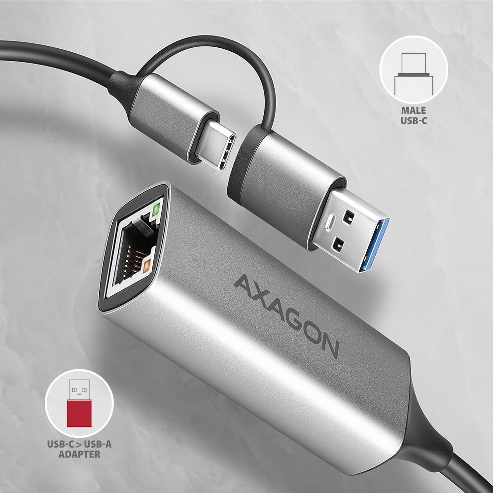 AXAGON ADE-TXCA USB-C + USB-A Gigabit Ethernet Adapter Grey