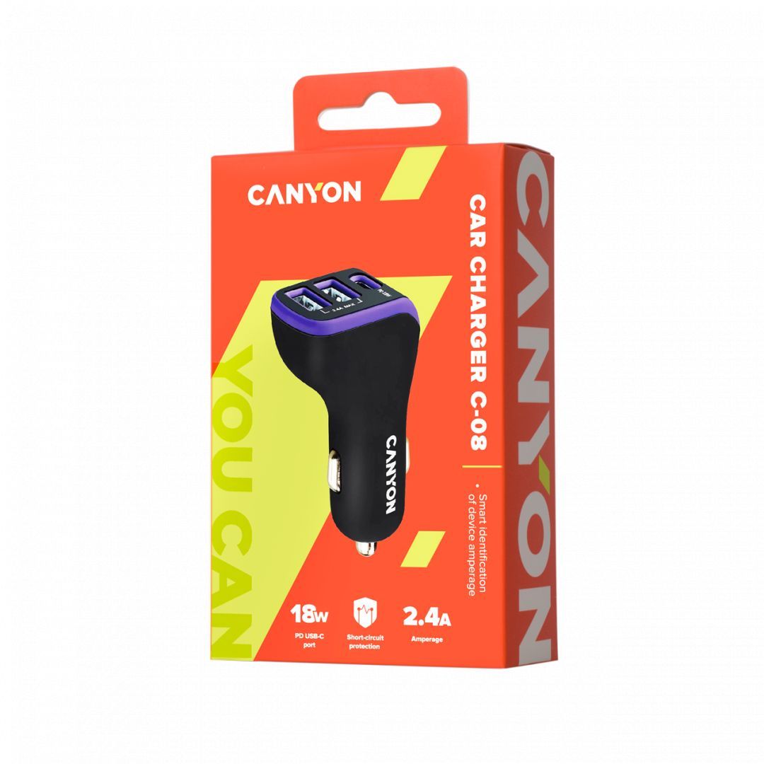 Canyon CNE-CCA08PU Triple USB Car Charger 18W Black/Purple