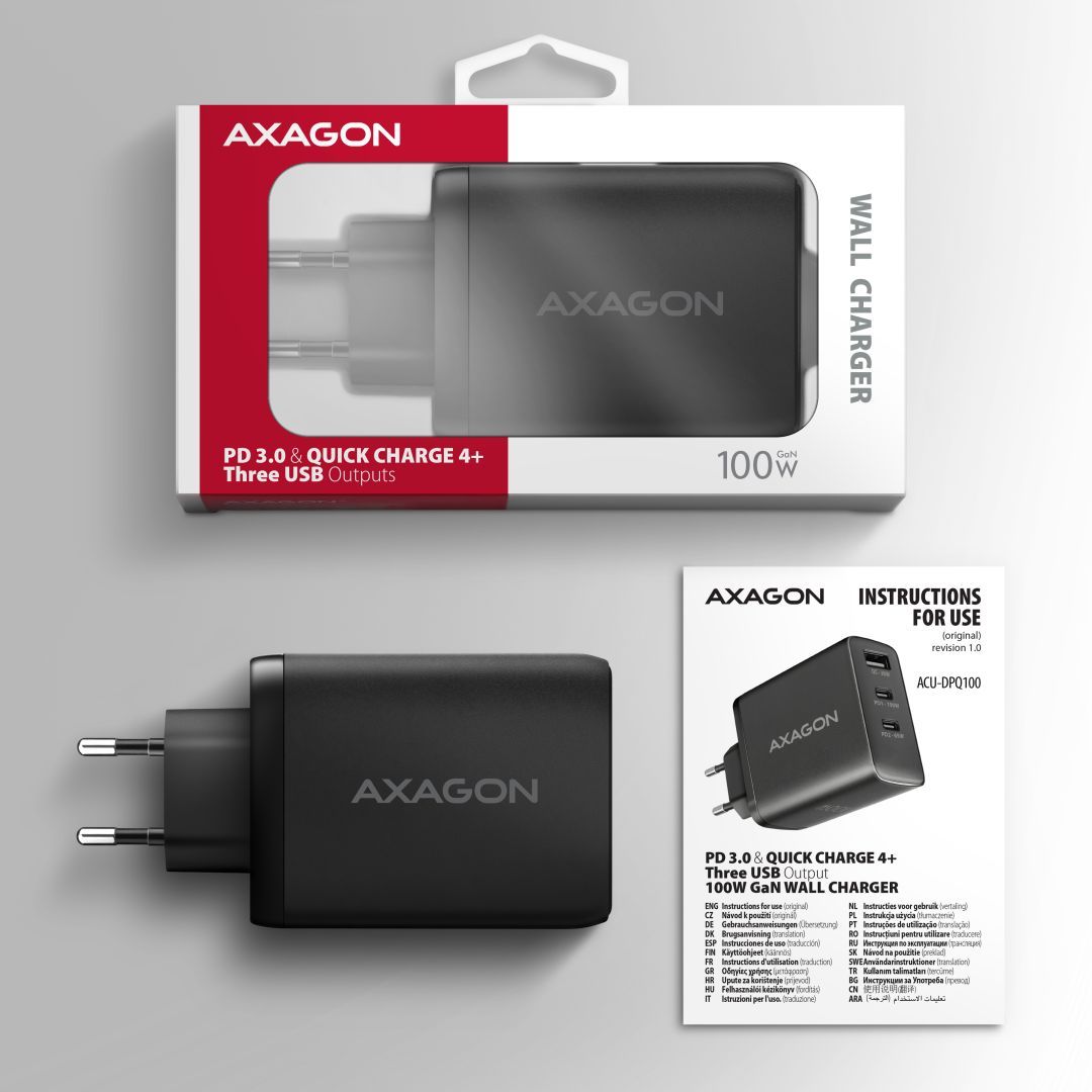 AXAGON ACU-DPQ100 PD3.0 & QC4 Three Outputs wall charger 100W Black