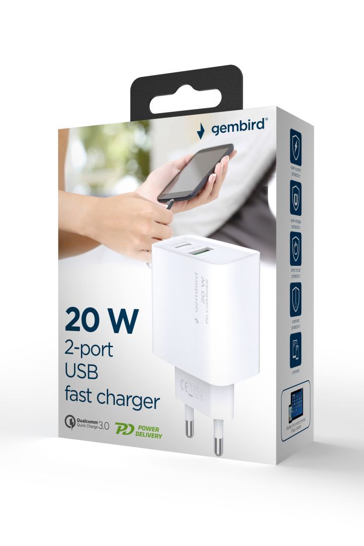 Gembird 2-port 20 W USB fast charger White