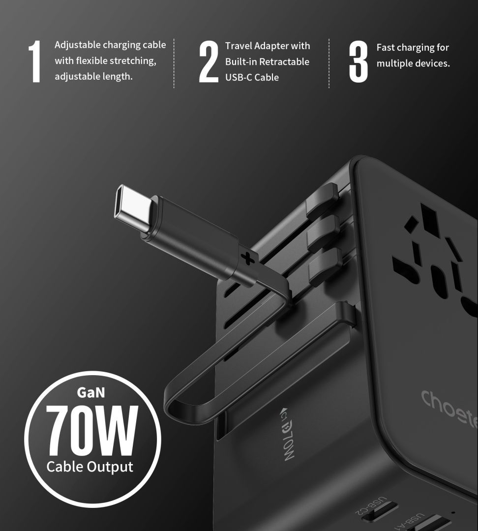 Choetech PD5022 70W EU/US/AUS/UK Travel Adapter with Built-in USB-C Cable Black