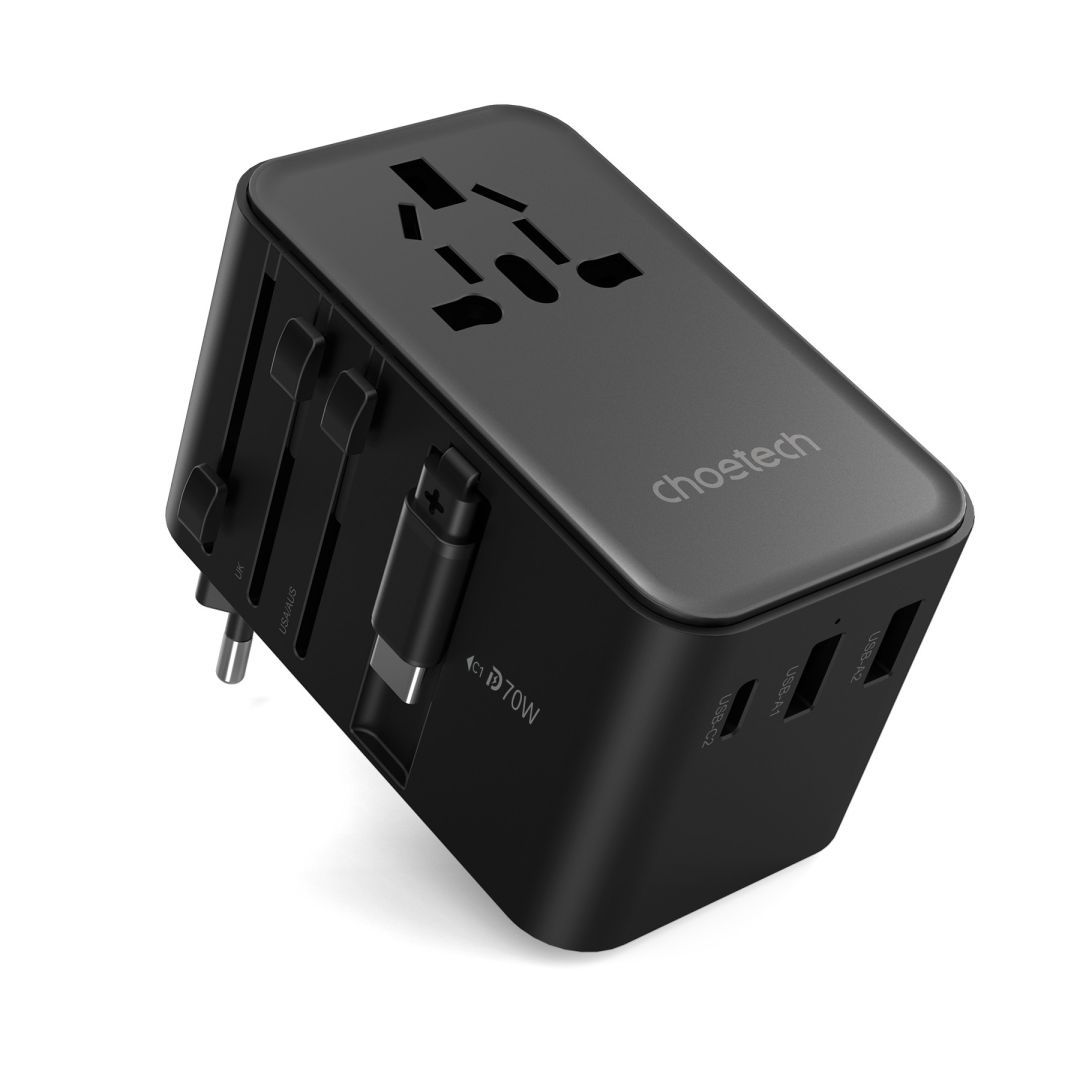 Choetech PD5022 70W EU/US/AUS/UK Travel Adapter with Built-in USB-C Cable Black