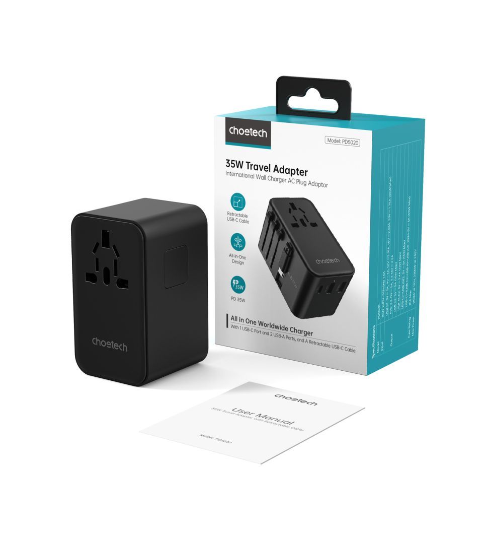 Choetech PD5020 35W EU/US/AUS/UK Travel Adapter with Built-in USB-C Cable Black