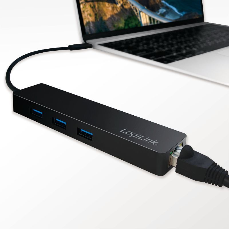 Logilink UA0313 USB-C 3-port hub, with gigabit adapter Black