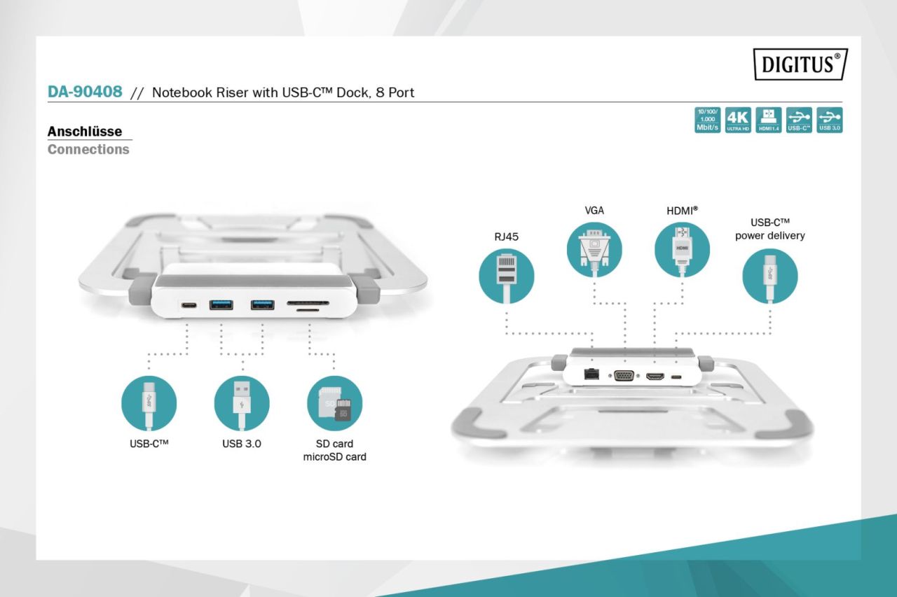 Digitus Variable Notebook Stand with integrated USB-C Docking Station 8 Port silver/white