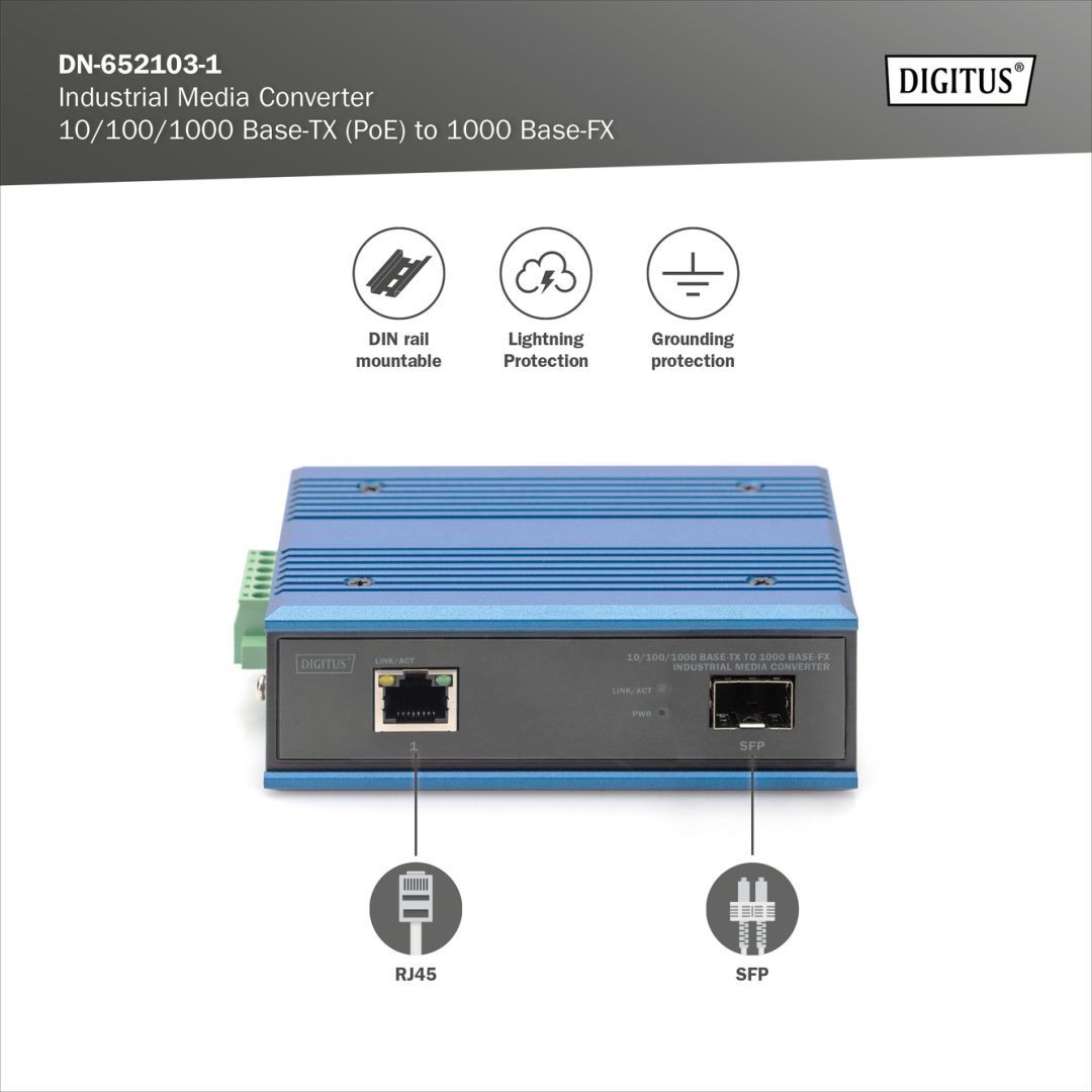 Digitus DN-652103-1 10/100/1000 Base-TX to 1000 Base-FX Industrial Media Converter