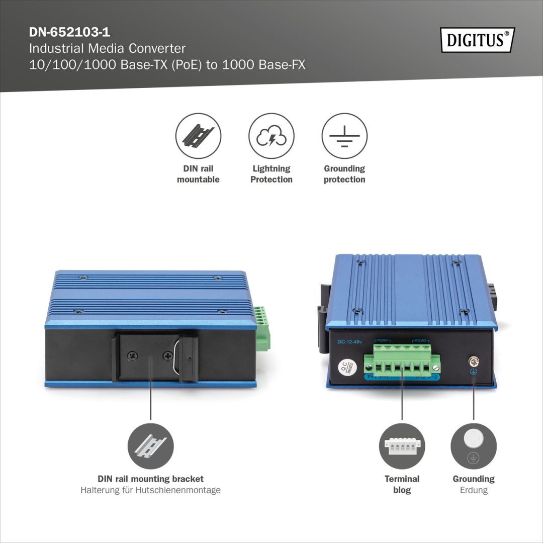 Digitus DN-652103-1 10/100/1000 Base-TX to 1000 Base-FX Industrial Media Converter