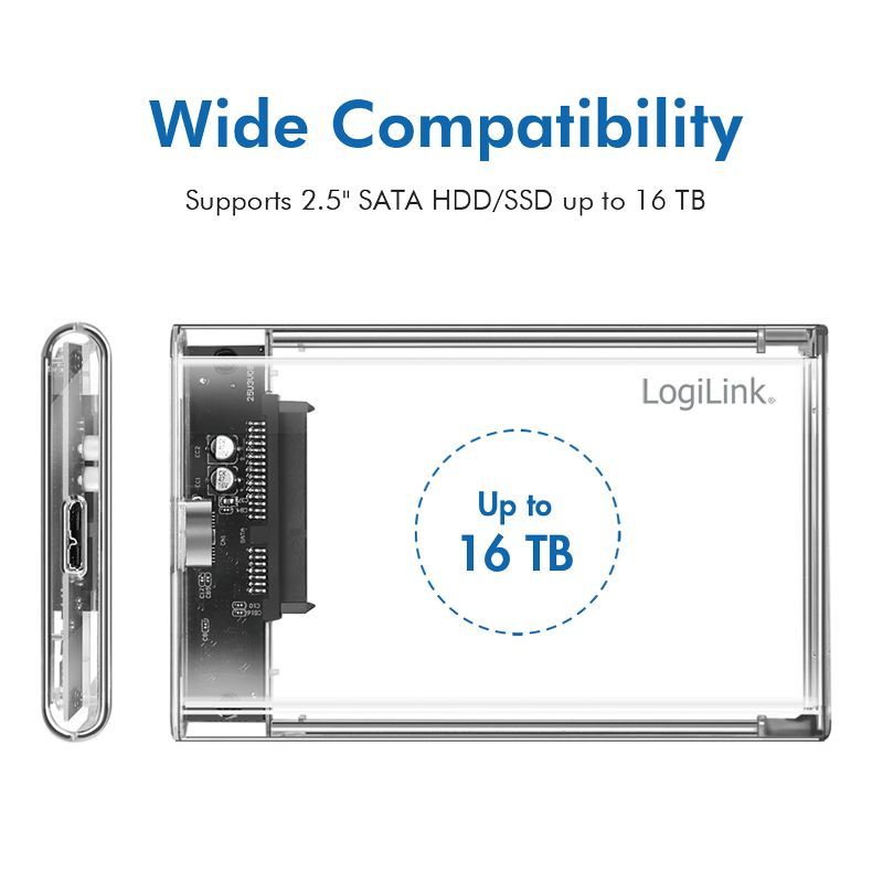 Logilink External HDD enclosure 2,5" HDD/SSD, USB 3.0 tool-free Transparent