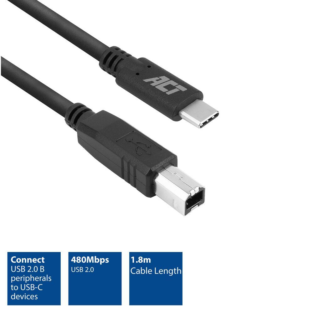 ACT USB 2.0 cable USB-C to USB-B 1,8m Black