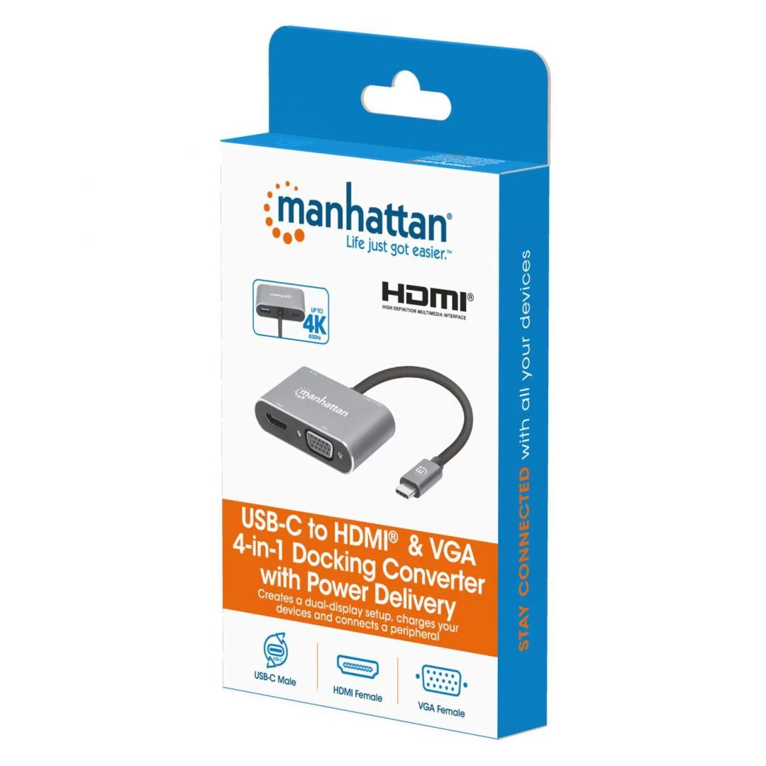 Manhattan USB-C to HDMI & VGA 4-in-1 Docking Converter with Power Delivery Space Gray