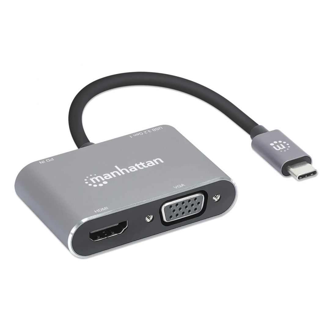 Manhattan USB-C to HDMI & VGA 4-in-1 Docking Converter with Power Delivery Space Gray