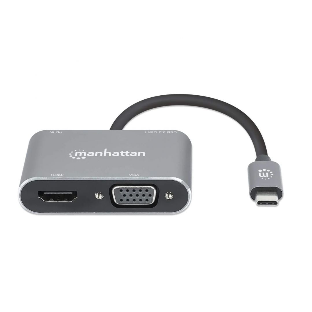 Manhattan USB-C to HDMI & VGA 4-in-1 Docking Converter with Power Delivery Space Gray