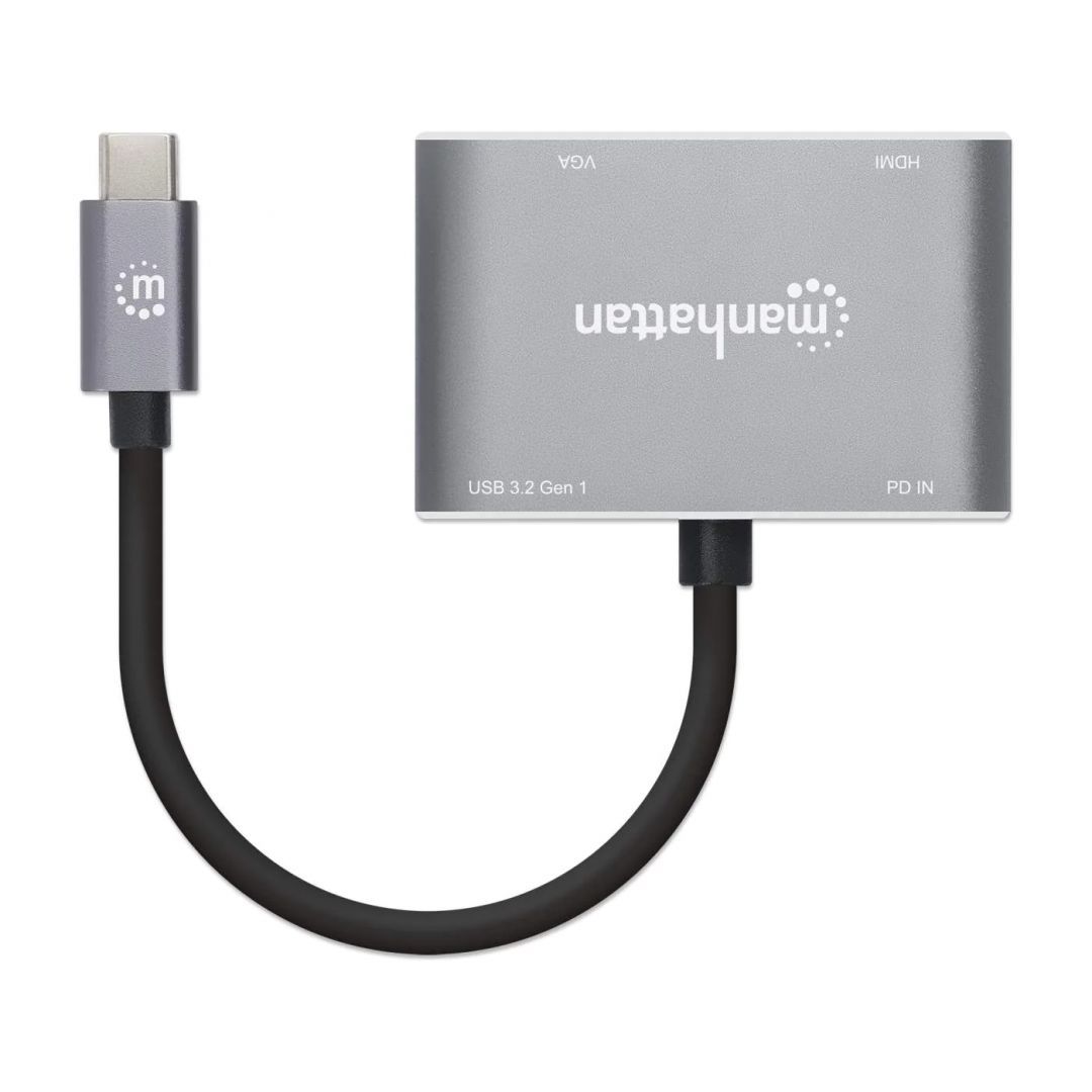 Manhattan USB-C to HDMI & VGA 4-in-1 Docking Converter with Power Delivery Space Gray