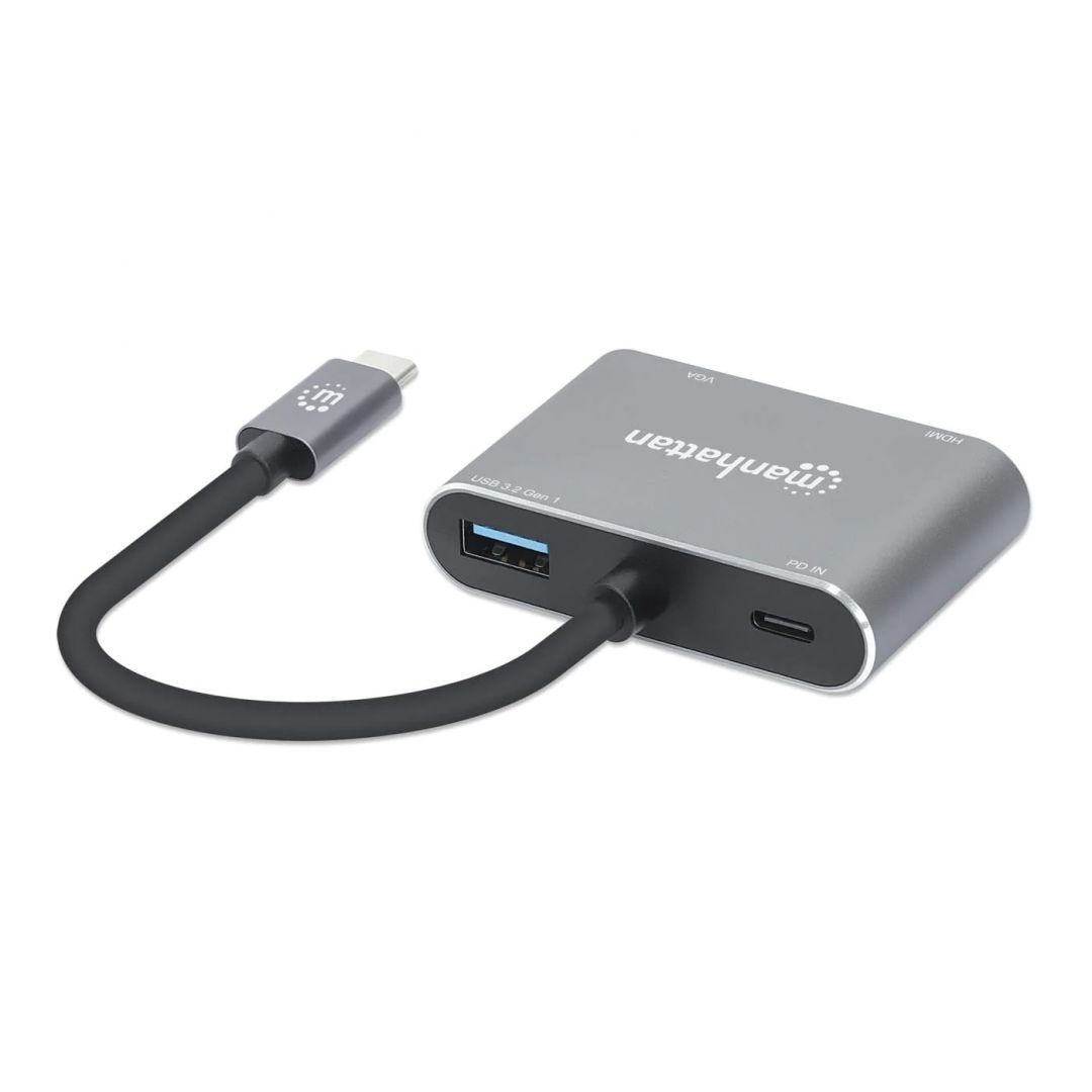 Manhattan USB-C to HDMI & VGA 4-in-1 Docking Converter with Power Delivery Space Gray