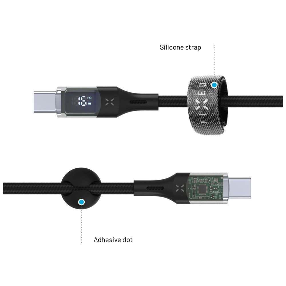 FIXED USB-C/USB-C adat- és töltőkábel kijelzővel, PD, USB 2.0 100W 2m, fekete