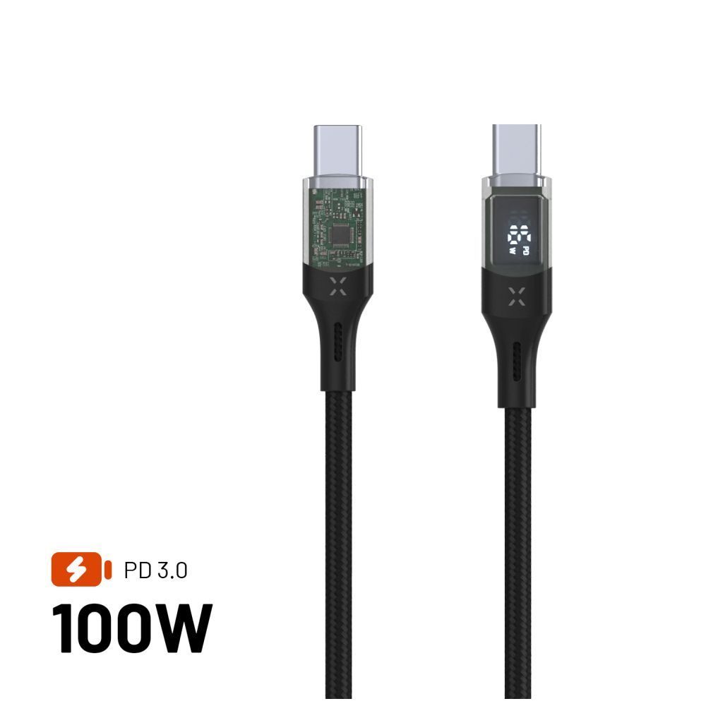 FIXED USB-C/USB-C adat- és töltőkábel kijelzővel, PD, USB 2.0 100W 1,2m, fekete