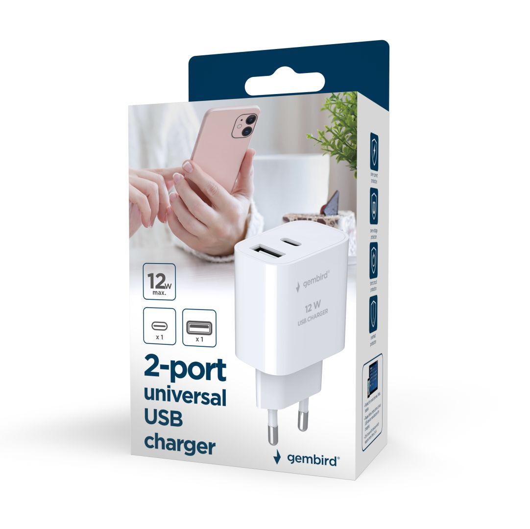 Gembird 2-Port Universal USB Charger A+C 2.4A White