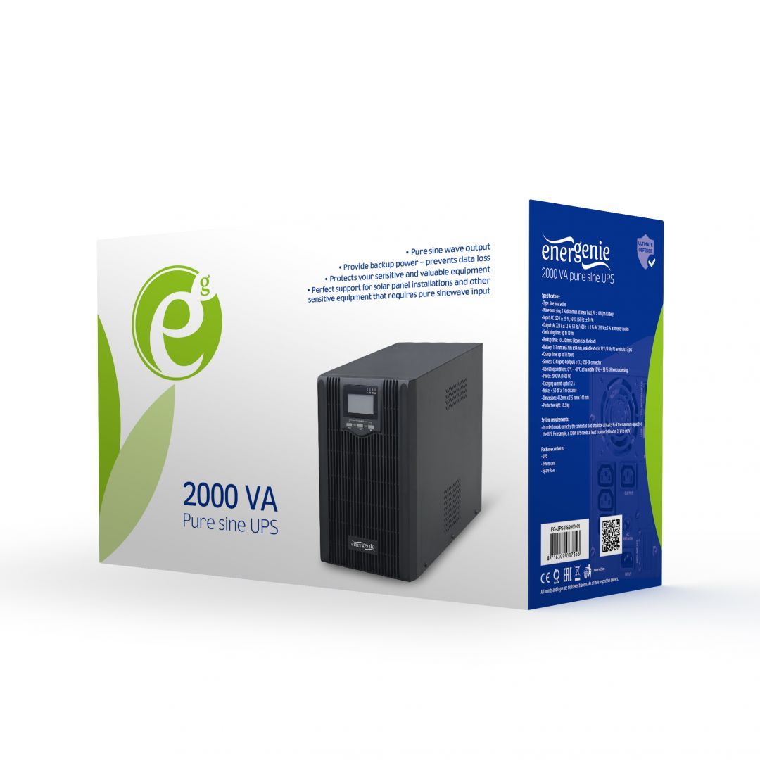 Gembird 2000VA Pure sine wave UPS LCD display USB Black