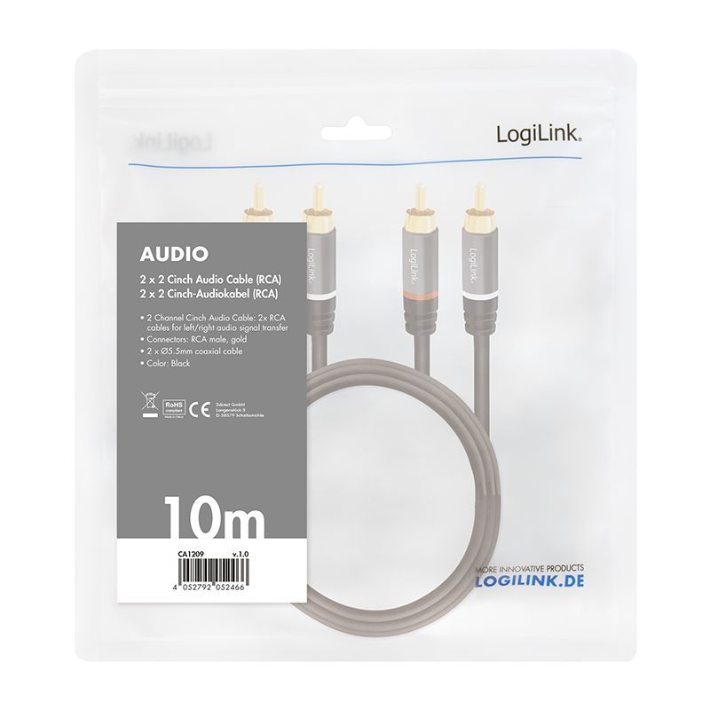 Logilink Audio cable 2xRCA/M to 2xRCA/M metal 10m Black