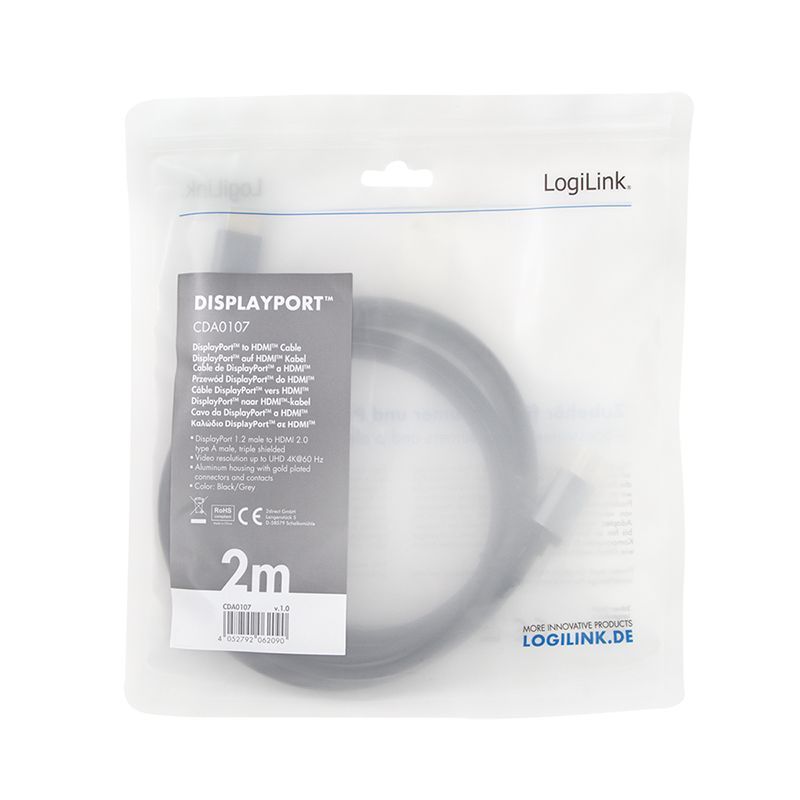 Logilink DisplayPort cable DP/M to HDMI A/M 4K/60 Hz alu 2m Black/Grey