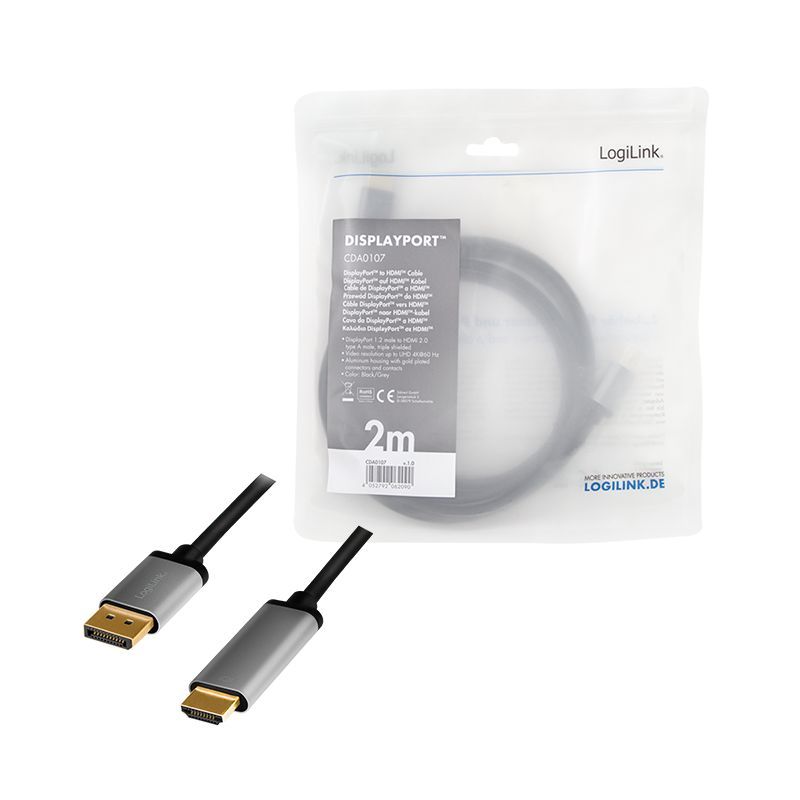 Logilink DisplayPort cable DP/M to HDMI A/M 4K/60 Hz alu 2m Black/Grey