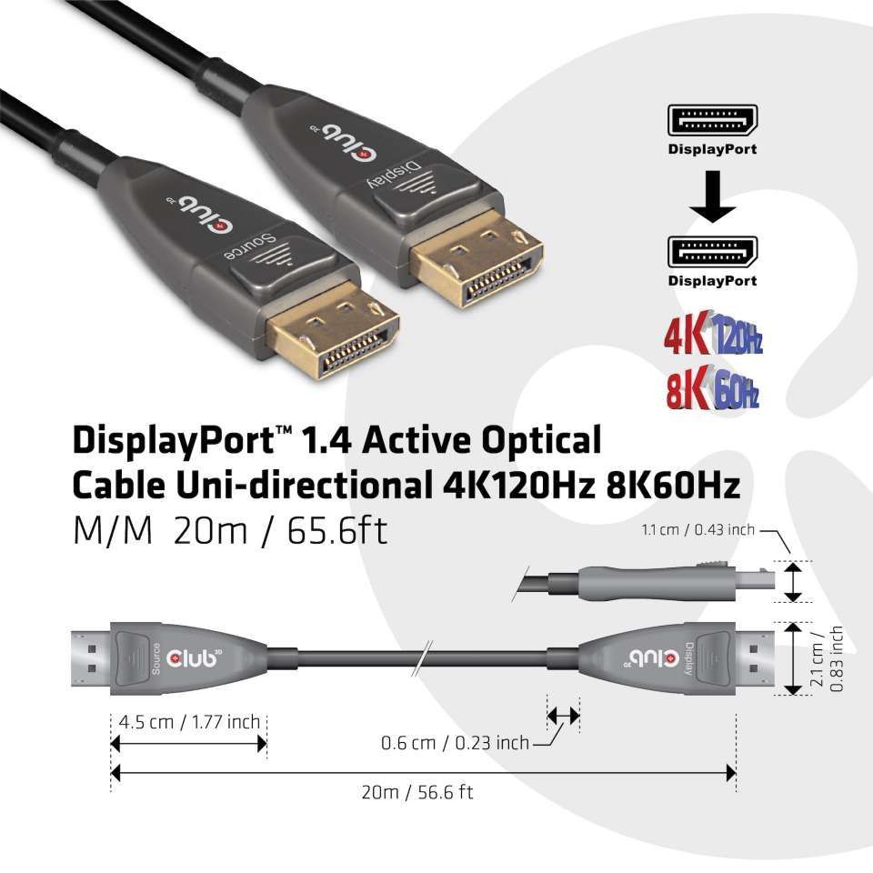 Club3D DisplayPort 1.4 Active Optical Cable Unidirectional 4K120Hz 8K60Hz M/M 20m