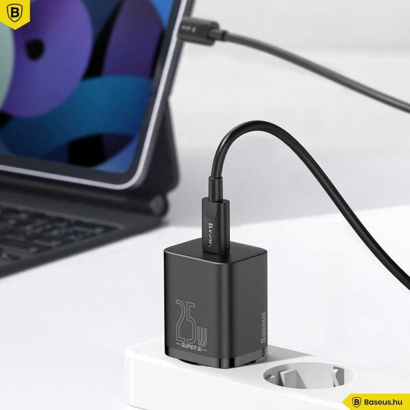 Baseus Super Si USB-C hálózati gyorstöltő 25W USB-C/USB-C kábellel Black