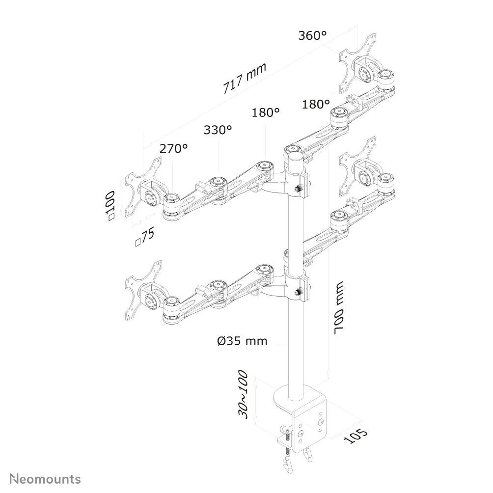 Neomounts FPMA-D935D4 Tilt/Turn/Rotate Quad desk monitor arm 10"-27" Silver