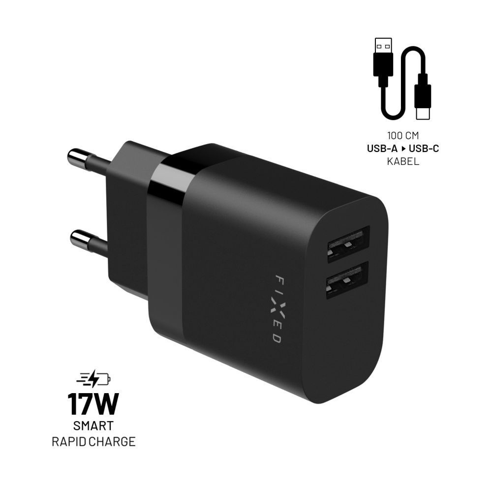 FIXED hálózati töltő, 2*USB-A kimenet, 17W + USB/USB-C kábel, fekete