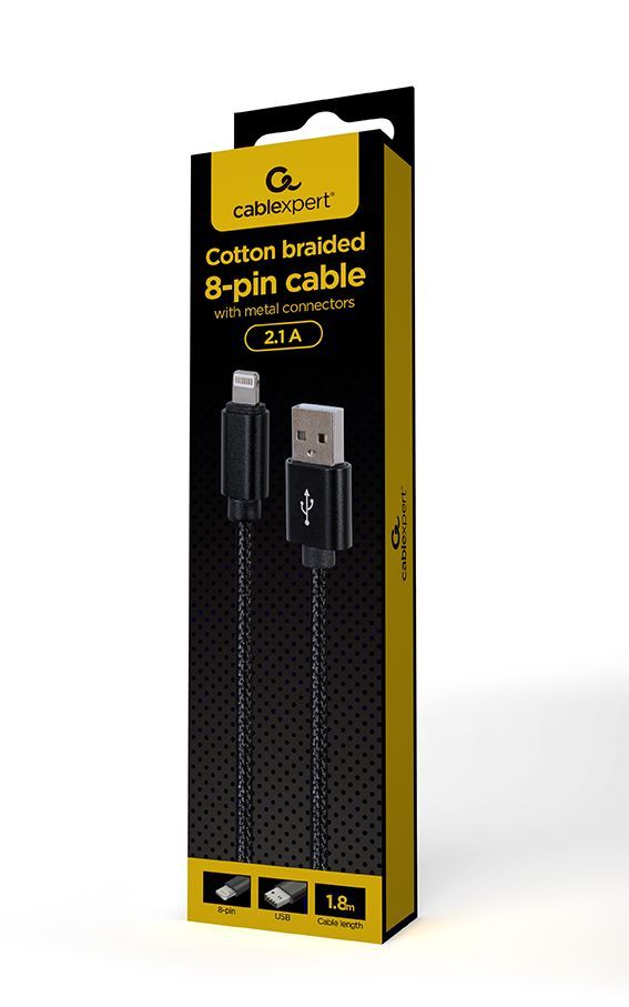 Gembird CCDB-mUSB2B-AMLM-6 Cotton braided 8-pin cable with metal connectors 1,8m Black