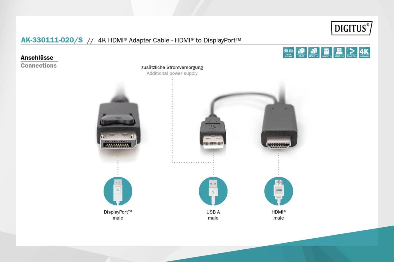 Digitus HDMI Adapter Cable HDMI to DisplayPort 4K 2m Black