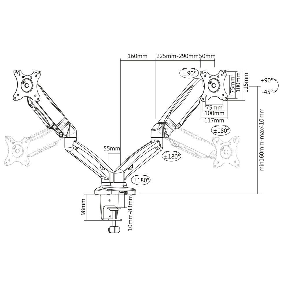 ACT AC8312 Gas Spring Dual Monitor Arm Office 13"-32" Black