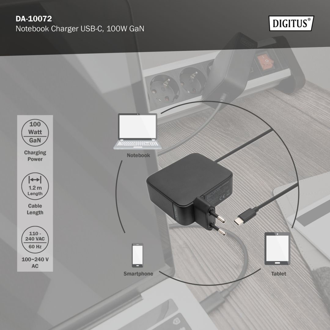 Digitus Notebook charger USB-C 100W GaN Power Supply PD 3.0 Black