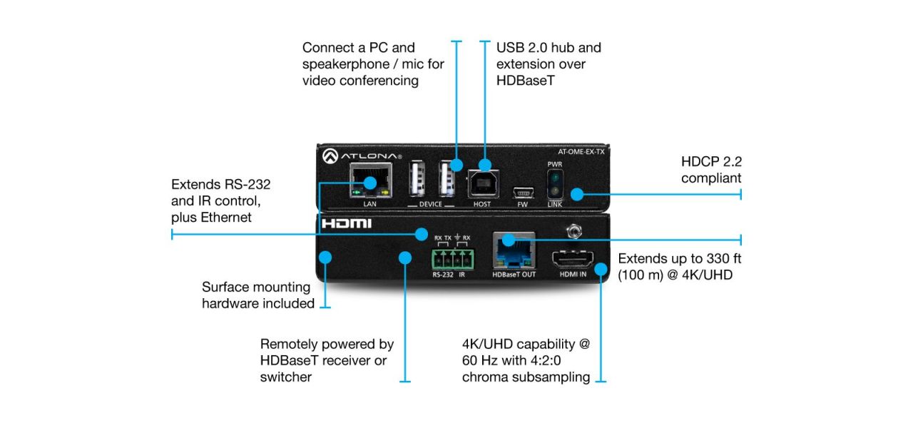 ATLONA AT-OME-EX-TX HDBaseT Transmitter with HDMI Input and USB Hub