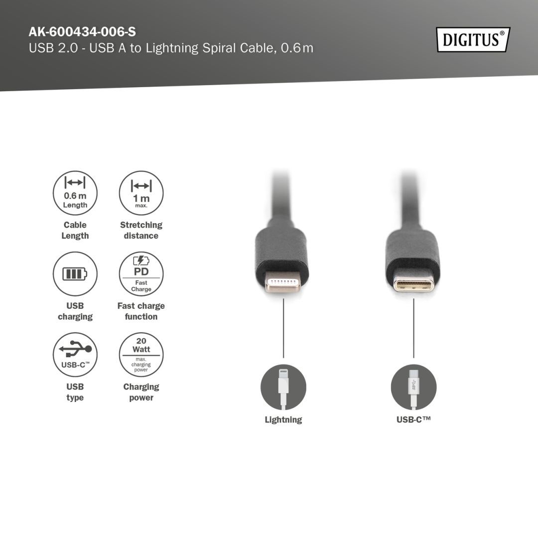 Digitus USB 2.0 USB C to Lightning Spiral Cable 1m Black