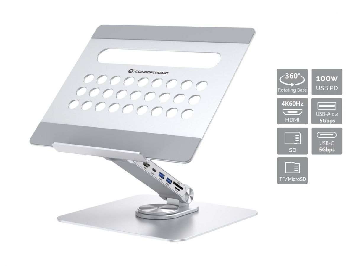 Conceptronic DONN27G Laptop Stand with 7-in-1 USB 3.2 Gen 1 Docking Station