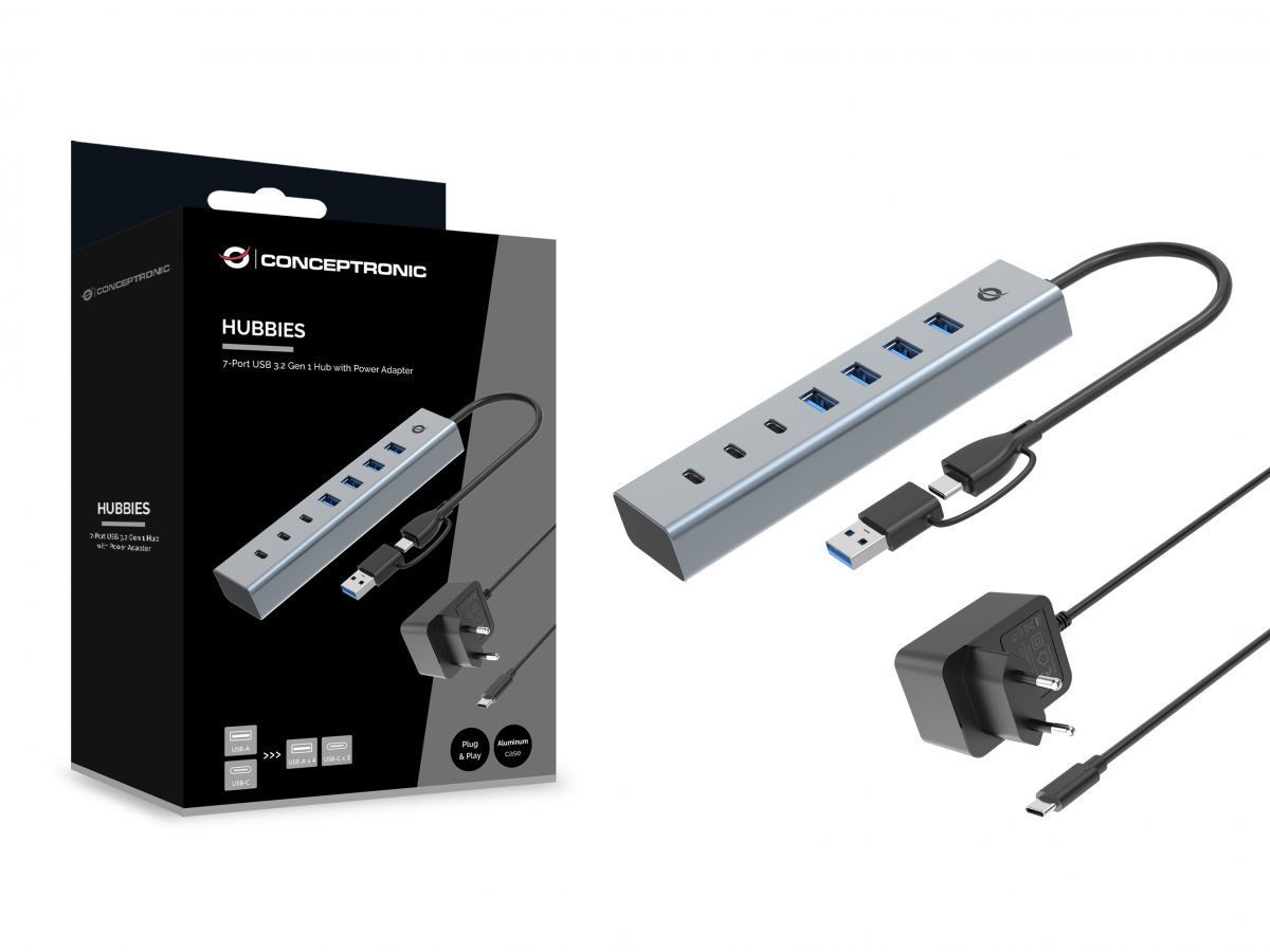 Conceptronic HUBBIES20GP 7-Port USB 3.0 Hub with Power Adapter Grey