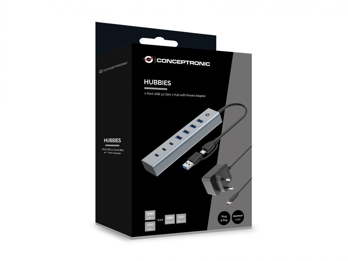 Conceptronic HUBBIES20GP 7-Port USB 3.0 Hub with Power Adapter Grey