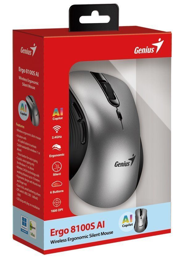 Genius Ergo 8100S AI Wireless Mouse Silver Grey