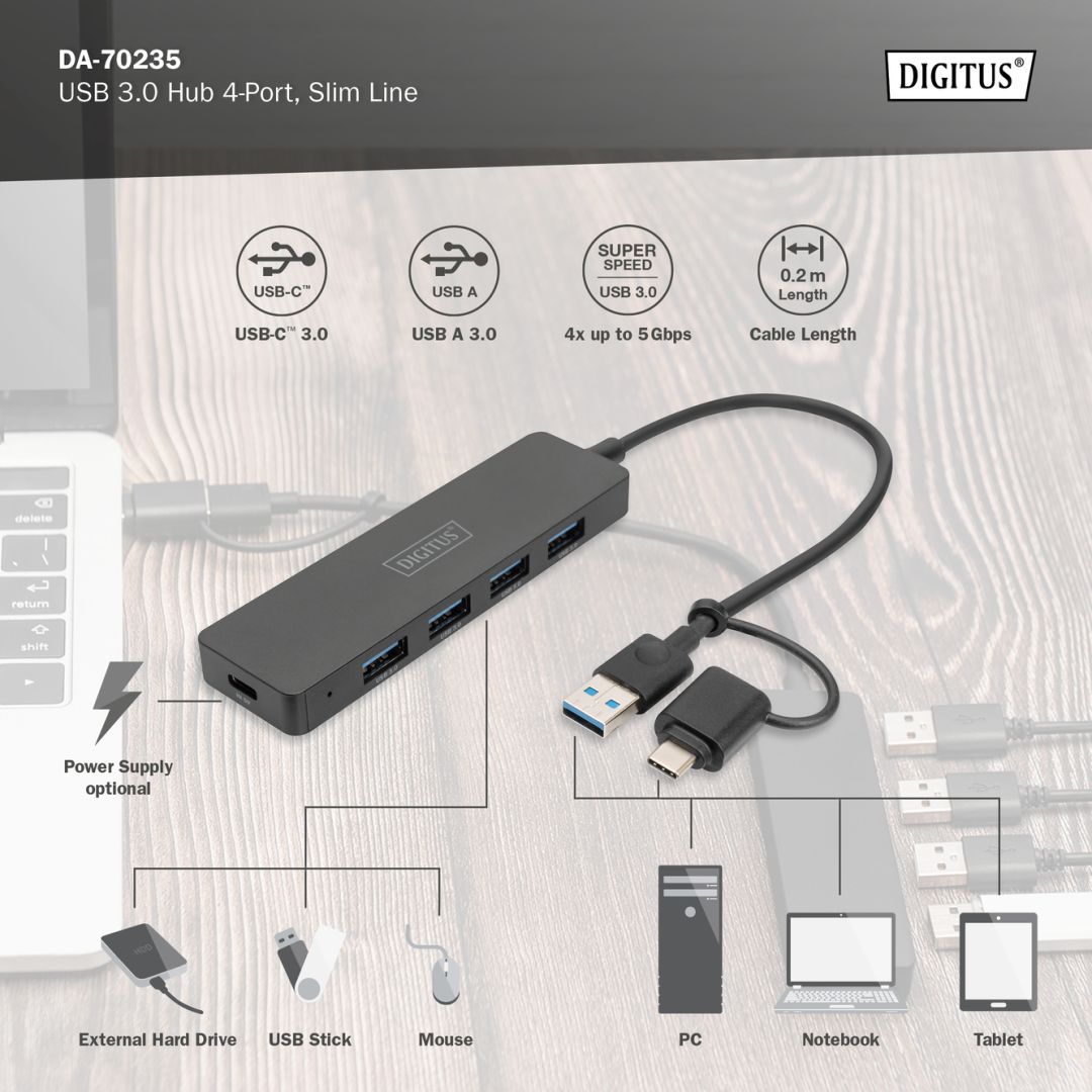 Digitus USB 3.0 Hub 4-Port Slim Line Black