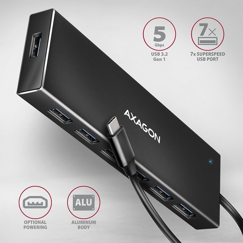 AXAGON HUE-F7C SuperSpeed USB-C FLAT CHARGING HUB Black