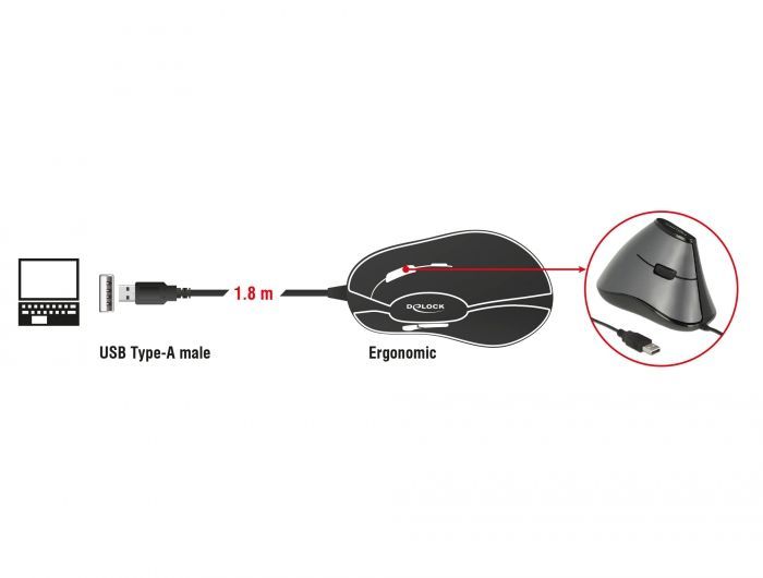 DeLock Ergonomic vertical optical 5-button USB mouse Grey/Black