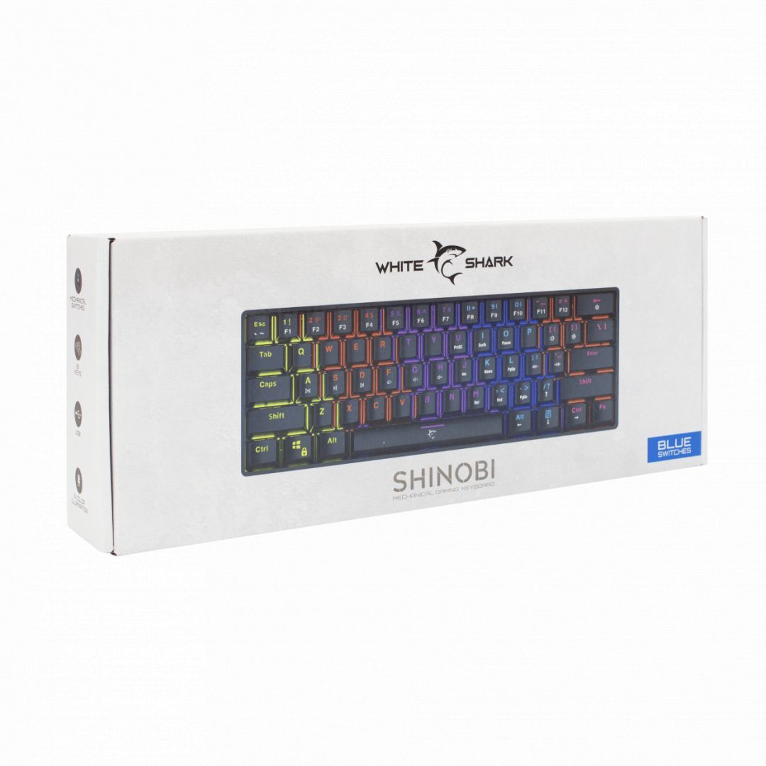 White Shark GK-2022B Shinobi Blue Switches Mechanical 60% Gaming Keyboard Black US