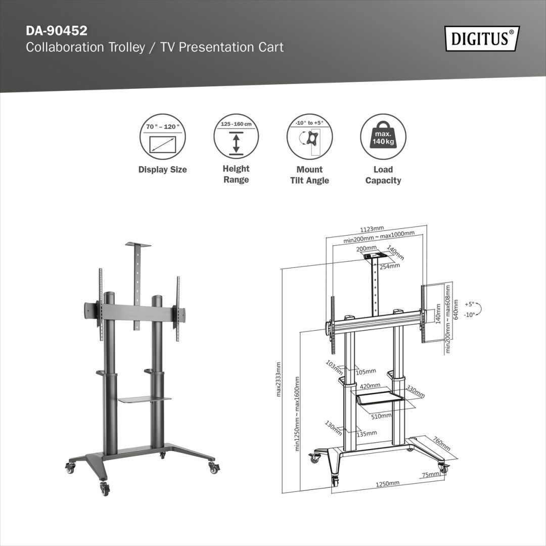 Digitus TV Cart 70-120" 140kg Black