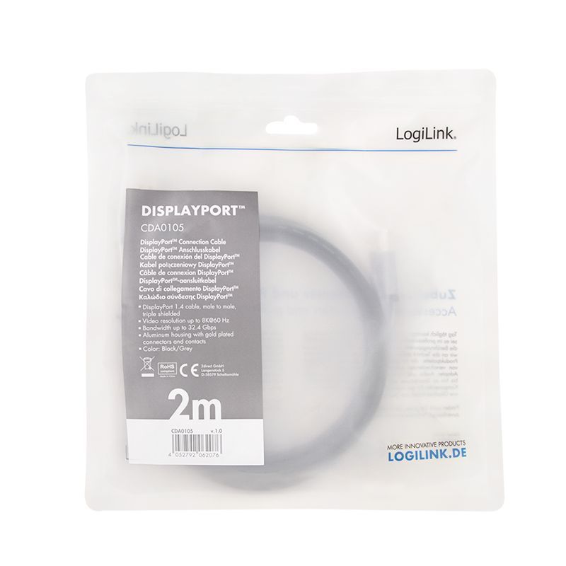 Logilink DisplayPort cable DP/M to DP/M 8K/60Hz alu 2m Black/Grey