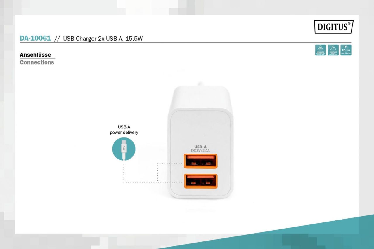 Digitus DA-10061 USB Charger 2x USB-A 15,5W White