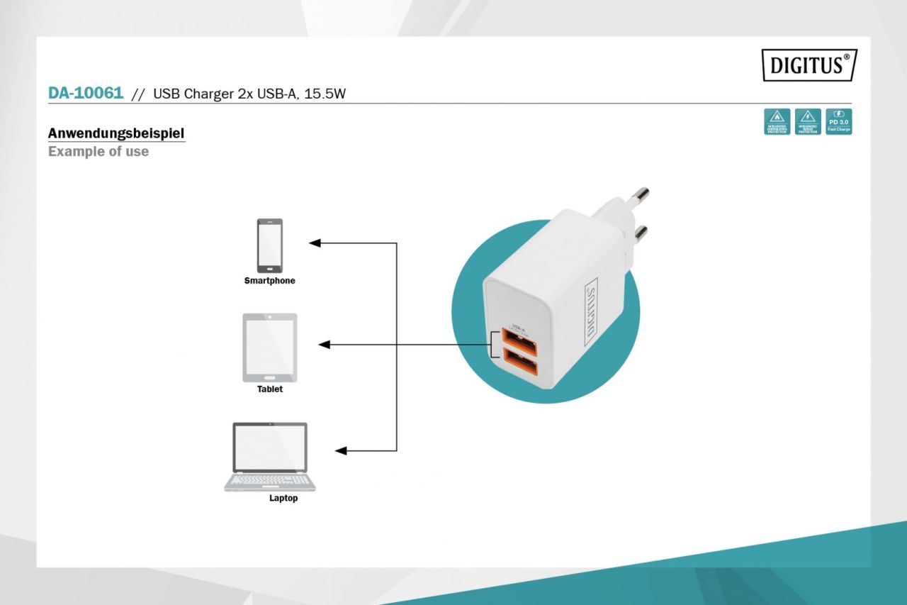 Digitus DA-10061 USB Charger 2x USB-A 15,5W White