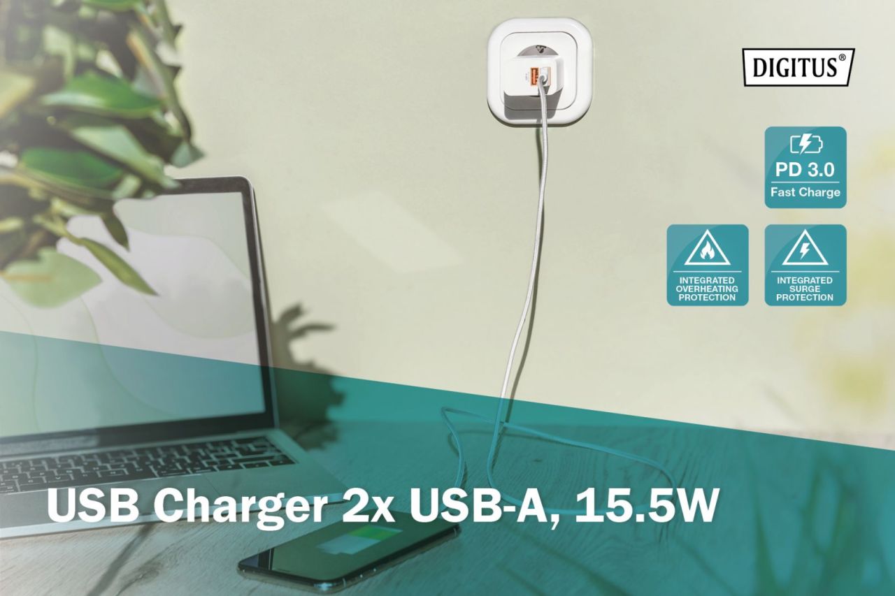 Digitus DA-10061 USB Charger 2x USB-A 15,5W White