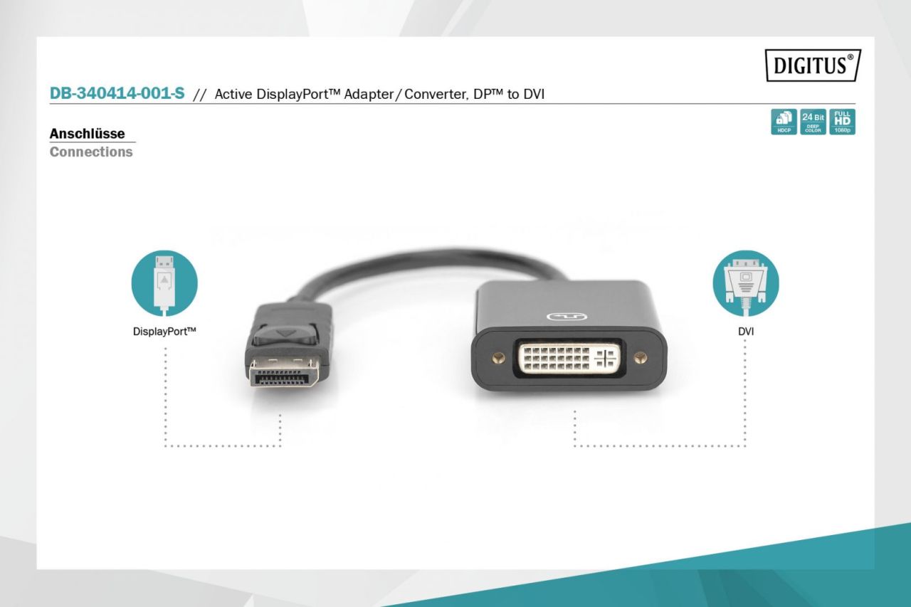 Digitus Active DisplayPort Adapter/Converter DP to DVI 0,15m Black