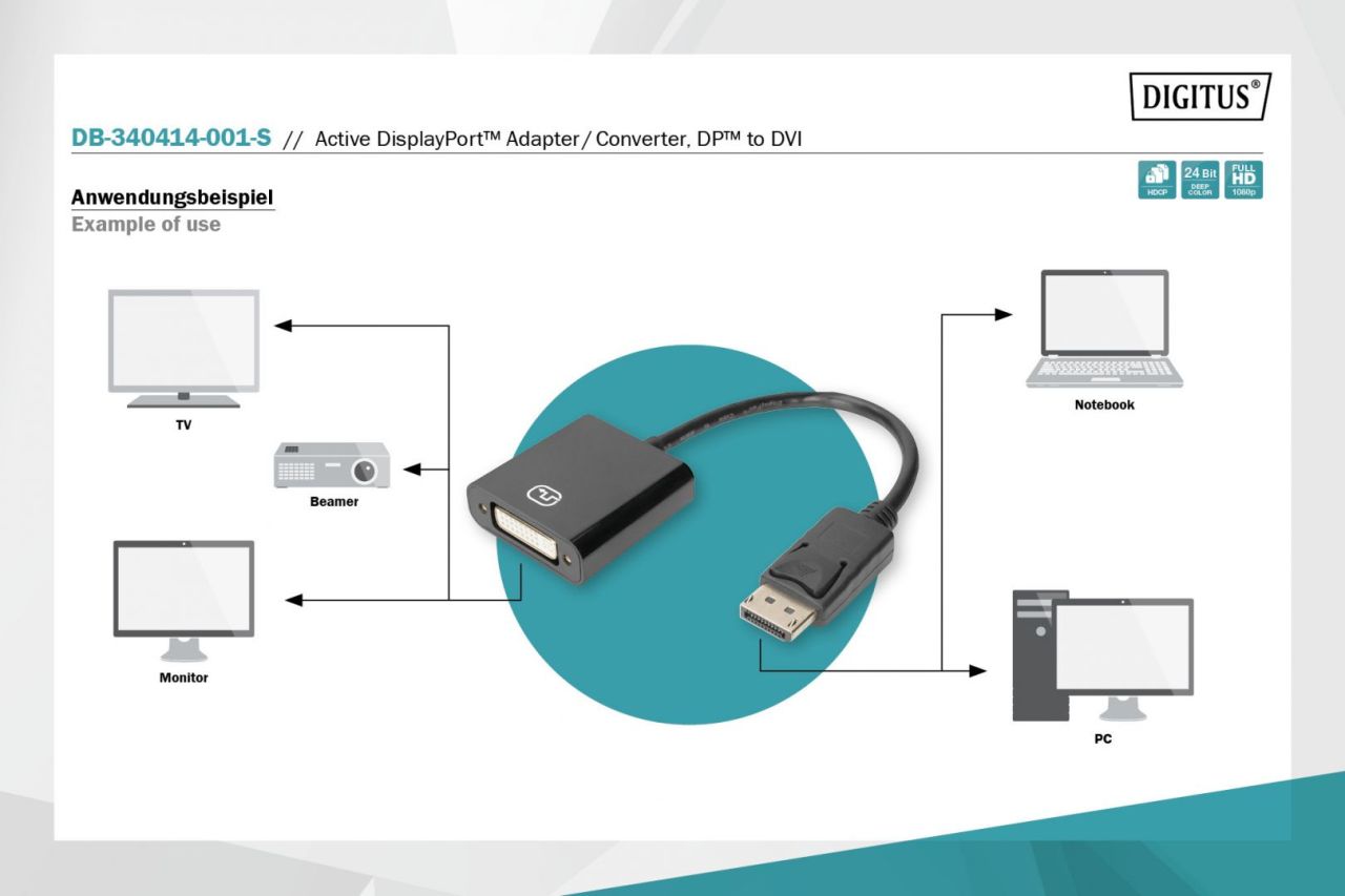 Digitus Active DisplayPort Adapter/Converter DP to DVI 0,15m Black